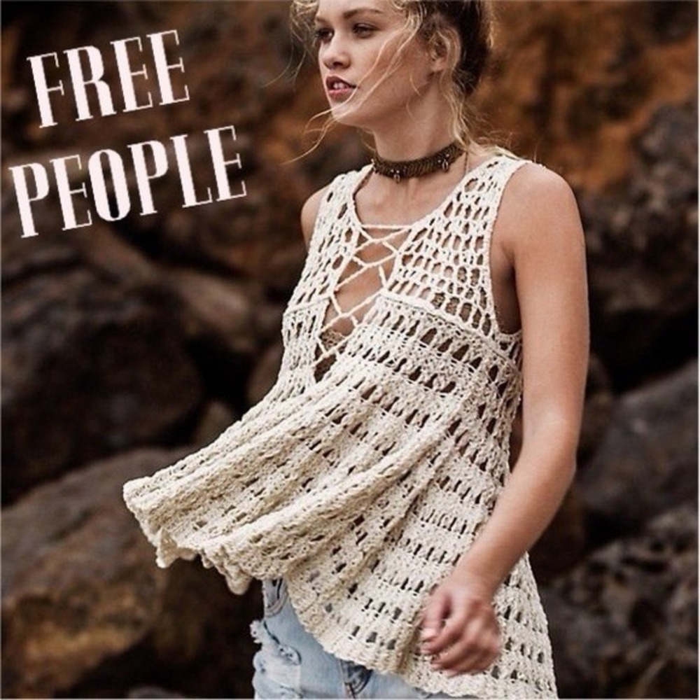 Free People Circles Within Circles Crochet Babydoll Top L Ivory Open Knit Boho